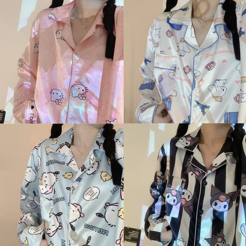 

New Sanrios Kuromi Cinnamoroll Kittys Pajamas Girl Spring Summer Ice Silk Long Sleeves Cartoon Kawaii Silk Loungewear Set