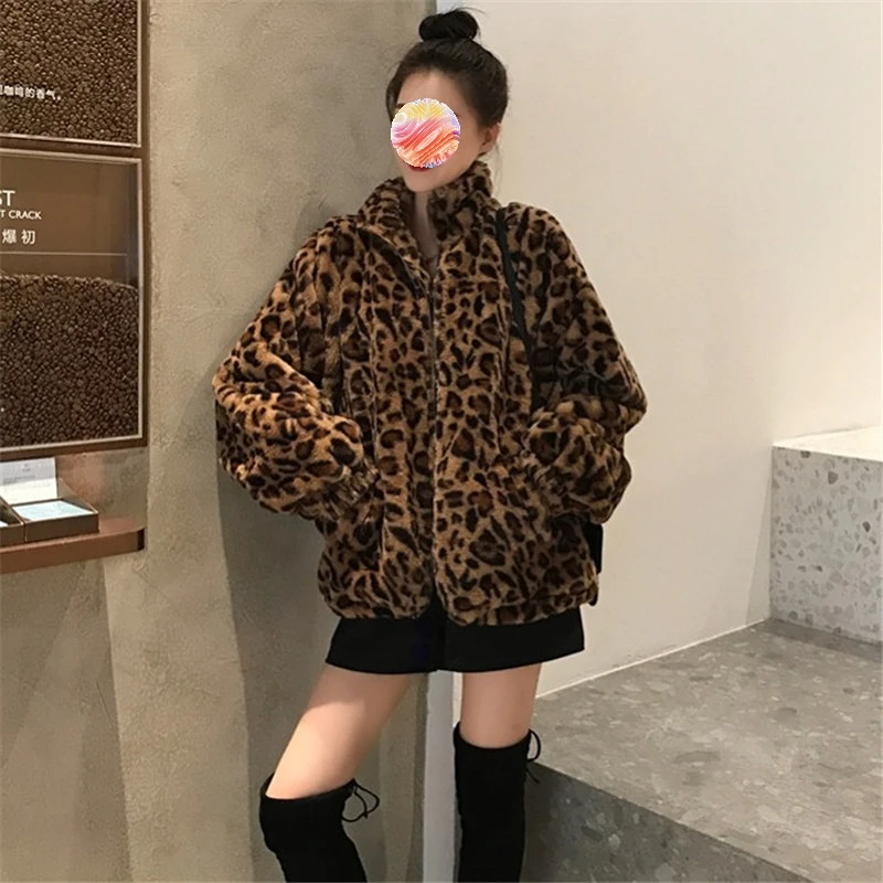 Chaqueta Vintage de leopardo para mujer, abrigo holgado de gran tamaño con cuello levantado y cremallera, ropa de calle informal, invierno, 2023