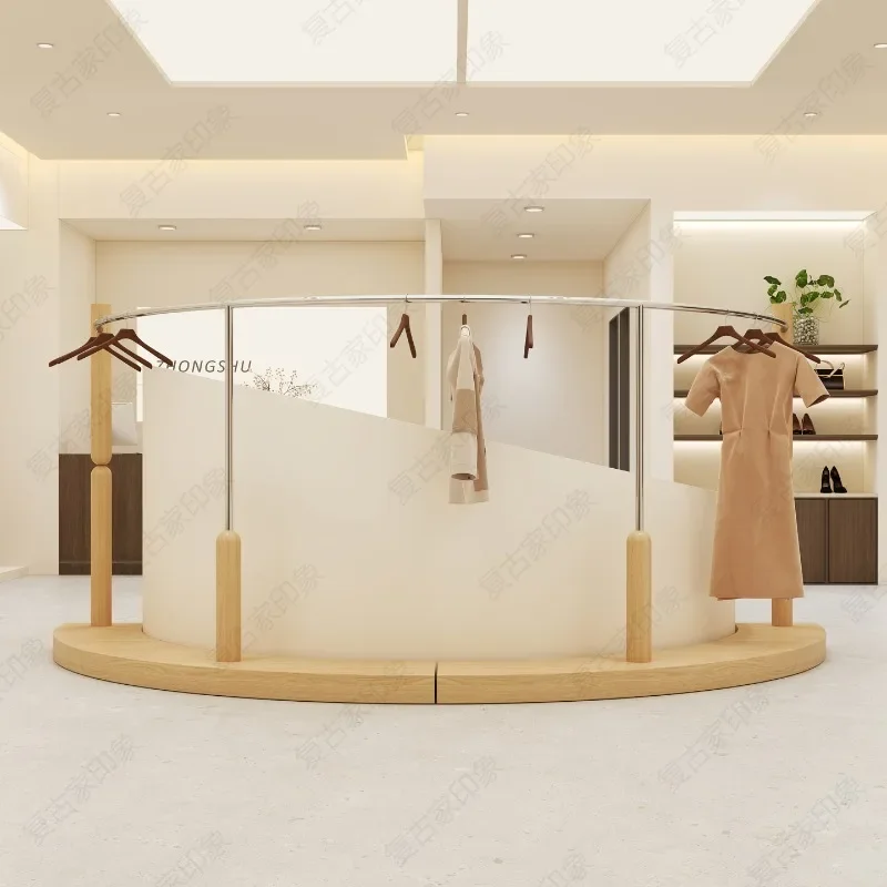 Walnut log color clothing store display rack Floor-to-ceiling belt plate curved Nakajima men's and women's clothing store shelf
