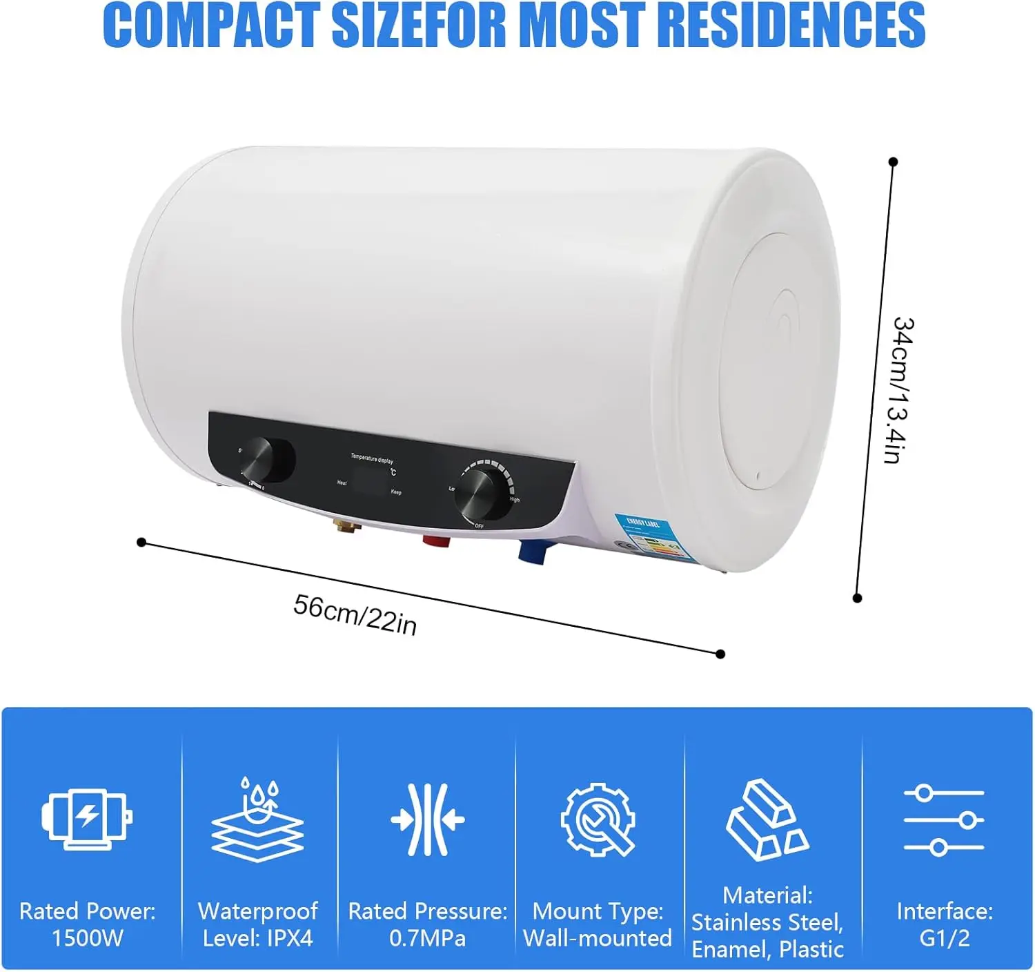 1500W Electric Water Heater, 110V Wall Mounted Water Heater with 10 Gallon Tank, IPX4 Waterproof, W/ Shower Head & Faucet (50L)