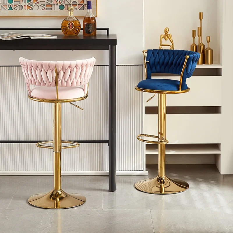 Kadife Bar tabureleri döner dokuma Modern altın Bar tabureleri sırtlı ayarlanabilir yükseklik Barstools altın Metal uzun boylu