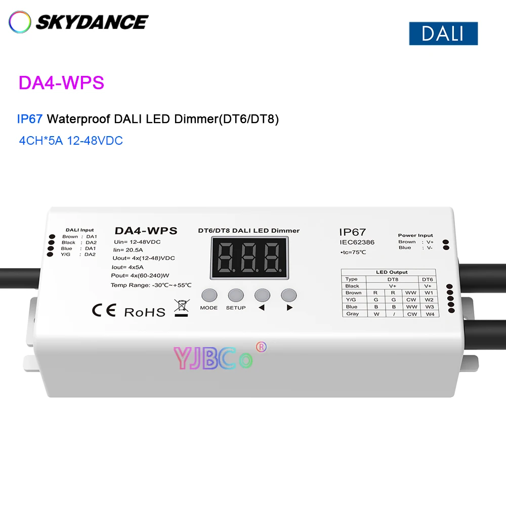 IP67 Водонепроницаемый DA4-WPS 12 В-48 В 4-канальный диммер DALI 4 адреса/4 канала/DT8 DT6/PWM с затемнением для одноцветной/CCT/RGB/RGBW светодиодной ленты