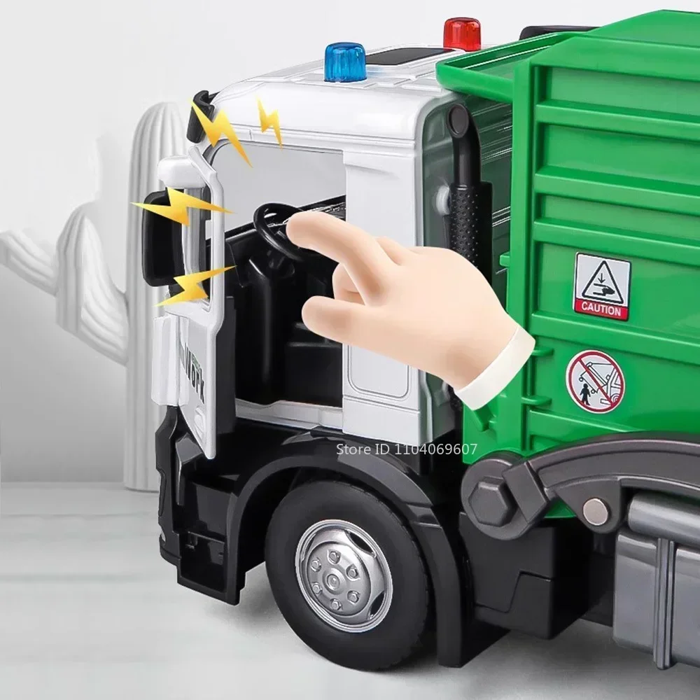 1:24 Scale Garbage Truck Toy Models Car Alloy Diecast Sound Light Pull Back Engineering Transport Vehicle for Gifts Collection