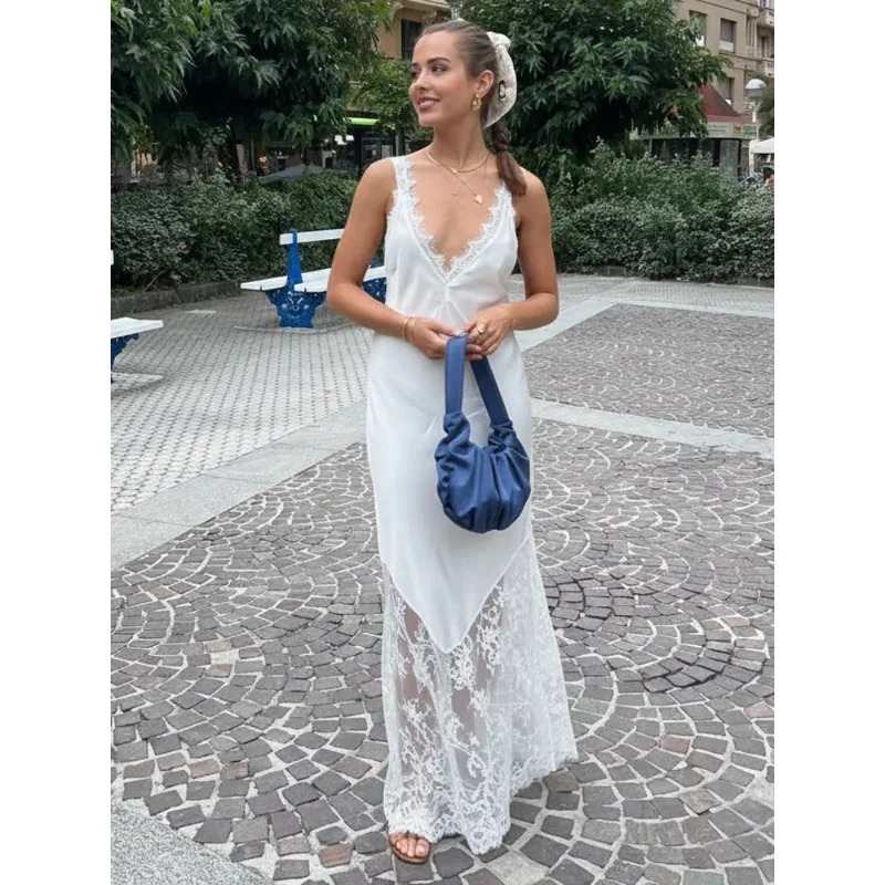 

Lace Patchwork Long Dress For Women Sleeveless Printed Slim High Waist Elegant Party Dress Female Autumn Maxi Dress