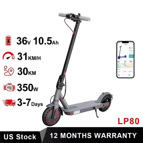 LP80 전기 스쿠터: 350W 모터, 31 km/h 속도, APP 사용, 충격 흡수, 미끄럼 방지, 8.5 인치 휠, 접이식 디자인.
