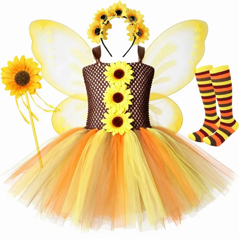 Sunflower Fairy Cosplay Set, Layered Gradient Tulle Skirt Dress, Yellow Butterfly Wings, Flower Headband, Wand & Striped Socks