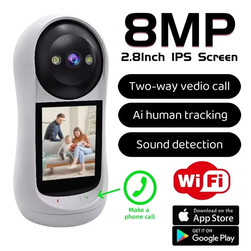 2.8 Inch Wifi Vedio Baby Monitor 8MP Surveillance IP Camera IPS Screen Sound Detection HD Smart Home PTZ Cam Security Protection