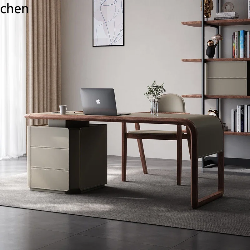 

saddle leather desk minimalist with auxiliary cabinet computer desk solid wood high-end creative desk and chair combination