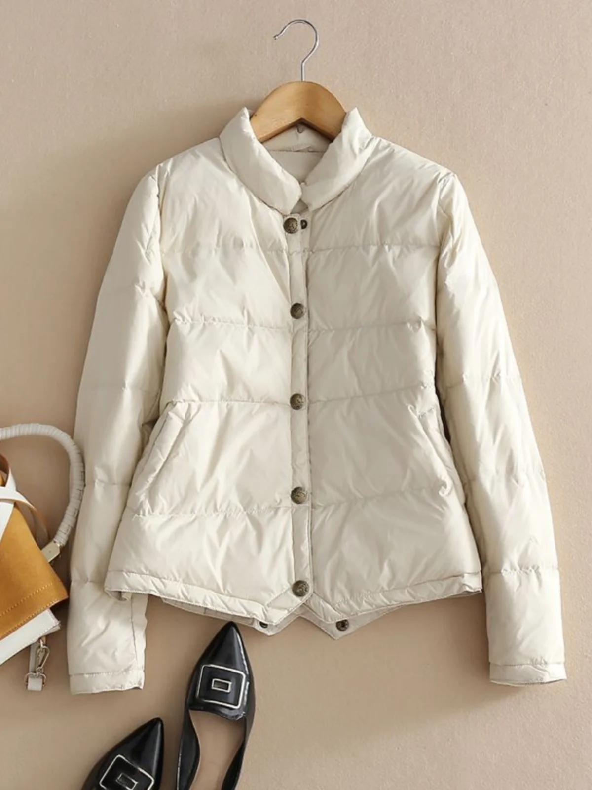 Women's Quilted White Duck down Shirt Single Button Stand Collar Short Length Thin Filling Commute Style Fashion Autumn Winte...