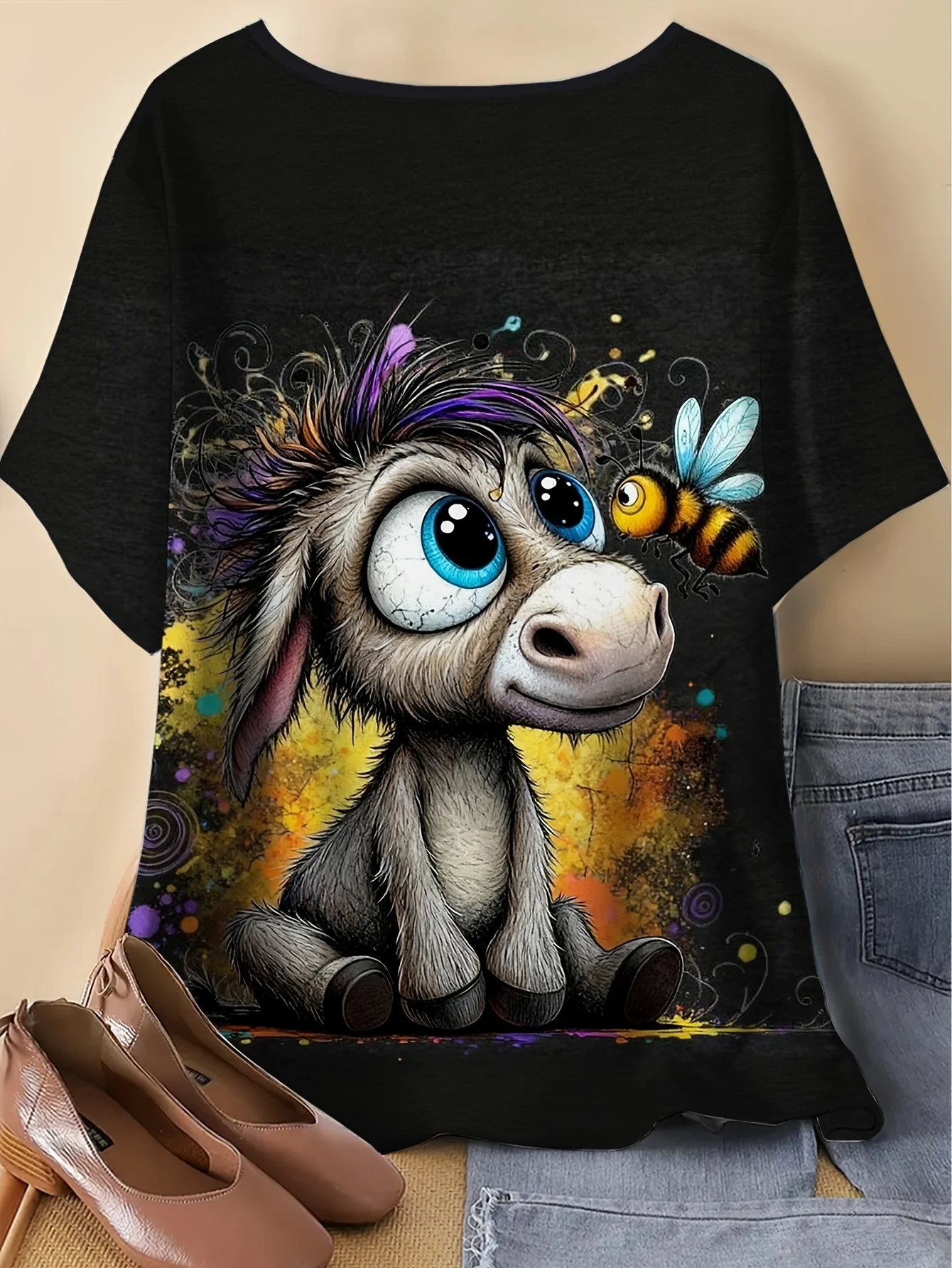 Women Round Neck Short Sleeve T‑shirt Cute Cartoon Donkey Bee Graffiti Splash Art Print Loose Fit Casual Top Women's Clothes