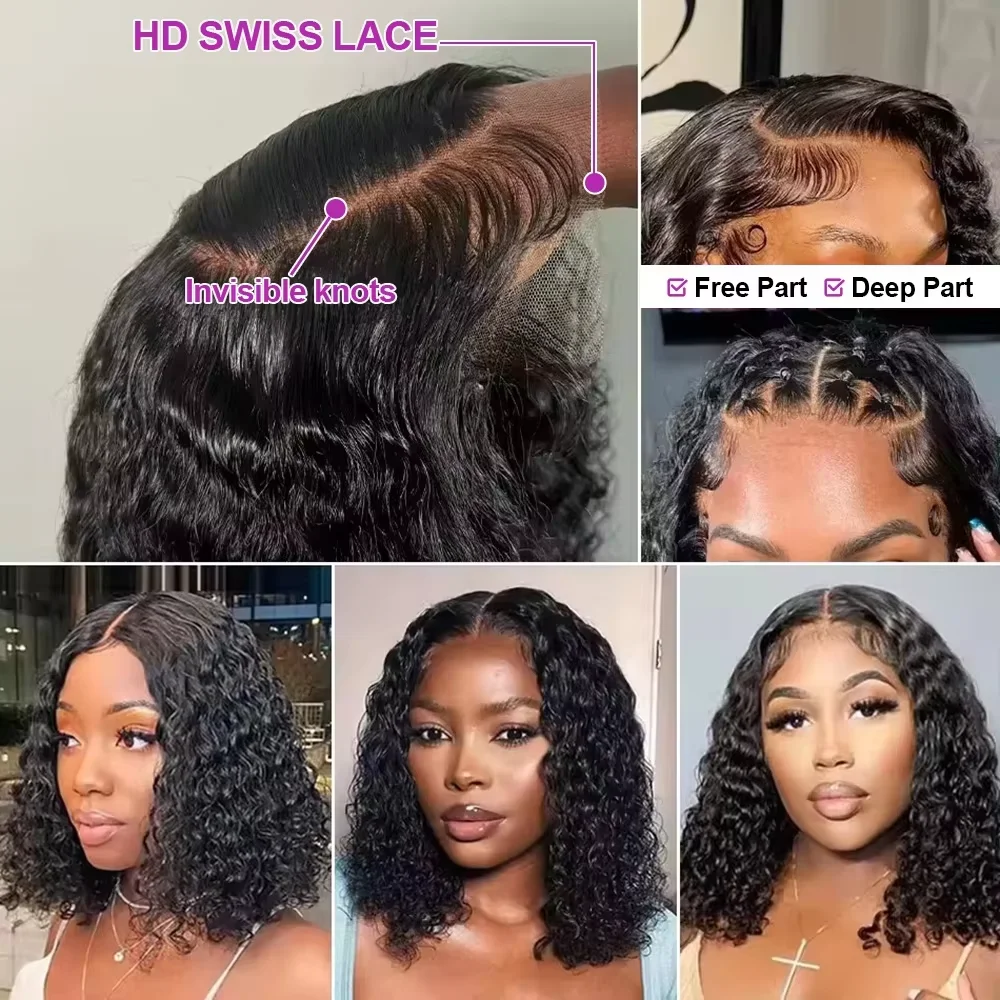 Natürliches schwarzes lockiges Echthaar 8-14 Zoll Kurze Bob Lockenperücken 13x4 HD Transparente Lace Frontal Perücke für Frauen – Detail 4