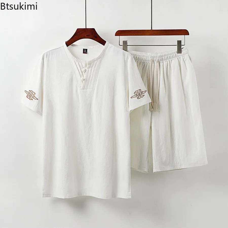 New 2025 Summer Men's Linen Thin Style Breathable Round Neck Workwear for Men Casual Loose Fit Short Sleeved Shorts Suit Male