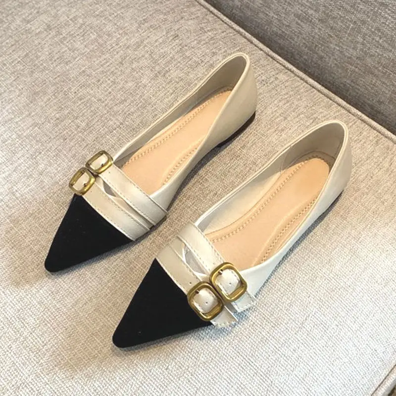 Normal Leather Casual Women\'s Summer Footwear Office Pointed Toe Formal Flat Low Heel Elegant Flats Shoes for Woman 2024 E 39 A