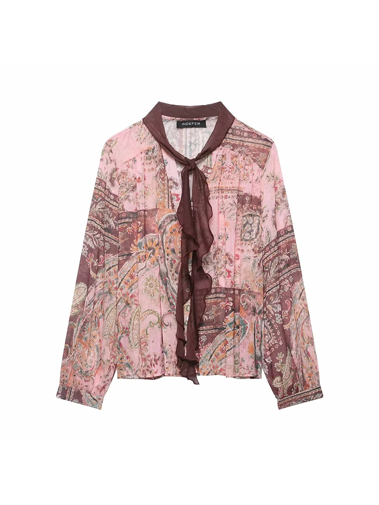 

Women Chic Print Vintage Blouse Women Long Sleeve Lace Bow Loose Shirt Female Single Breasted Casual Fashion Spring Shirt