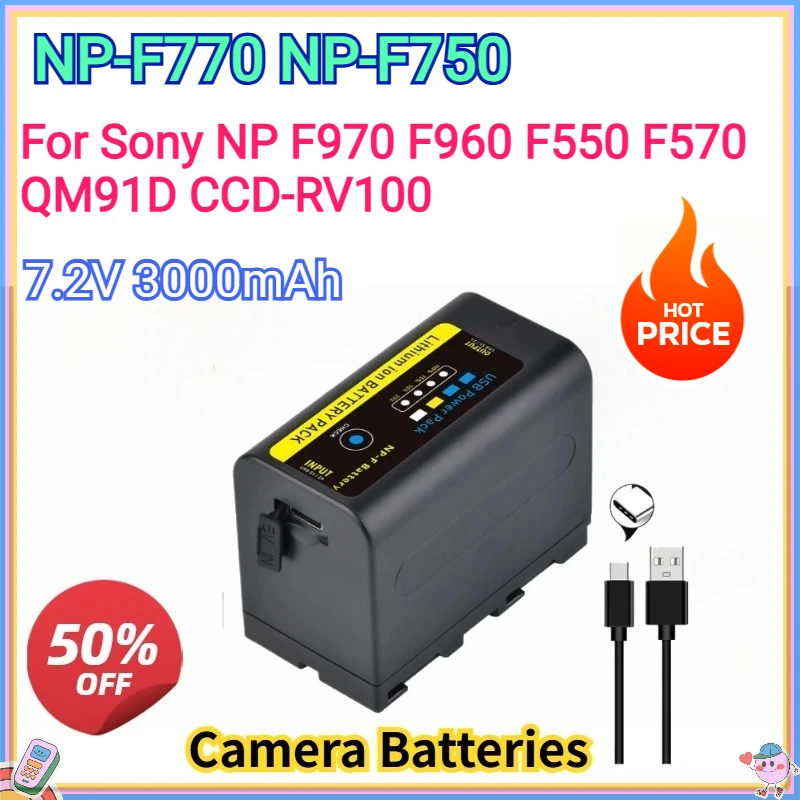 

New NP-F770 NP-F750 np f750 NPF770 Replacement Battery with USB charging output for Sony NP F970 F960 F550 F570 QM91D CCD-RV100