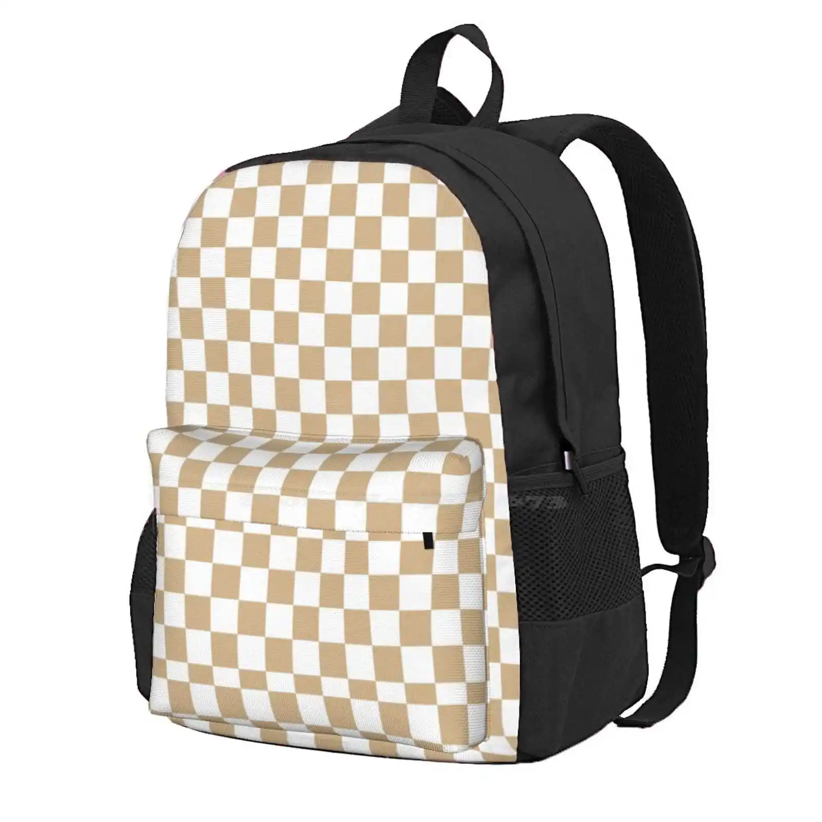 White And Tan Brown Checkerboard Hot Sale Schoolbag Backpack Fashion Bags Pattern Squares Checker Board Tan Brown Checkered Tan