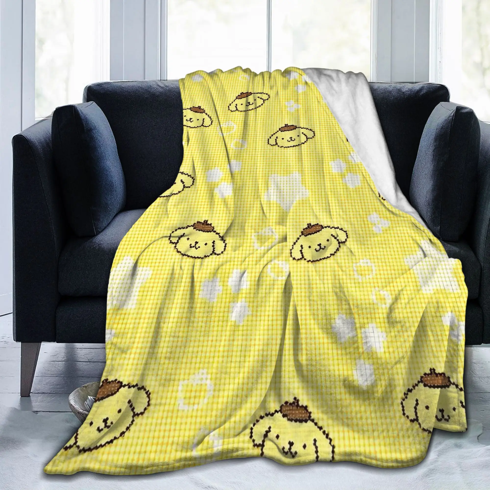 Pompompurins Cute Dog Yellow Plaid Blanket Fleece Textile Decor   Multifunction Ultra-Soft Throw Blanket for Home Office Quilt