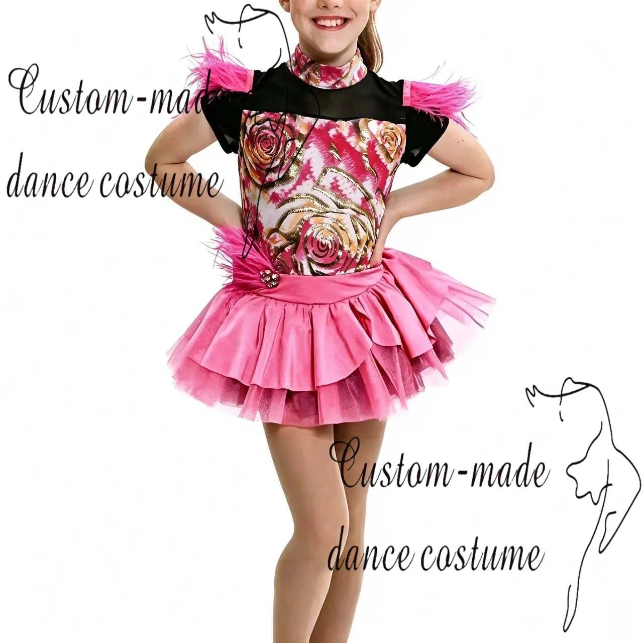 traje-de-actuacion-de-jazz-con-estampado-de-flores-rosas-en-relieve-cuello-alto-y-falda-con-plumas-personalizable