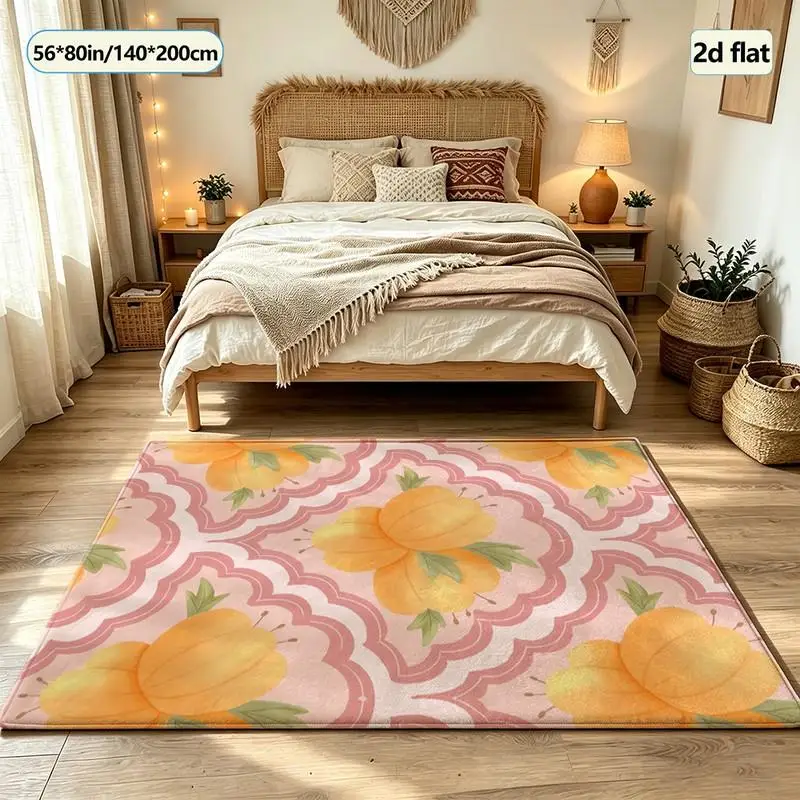 Soft Orange Floral Pink Geometric Pattern Frame Carpet Floor Mat for Home Living Room Bedroom Decoration