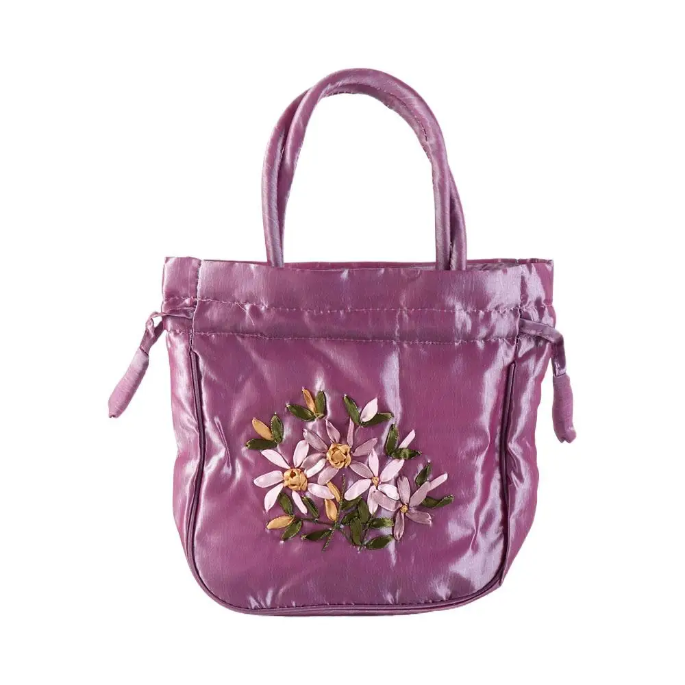 Saco de cordão Hanfu seda cetim, saco mamã estilo étnico, bolsa de flores bordadas, bolsa de armazenamento coreana, carteira diária