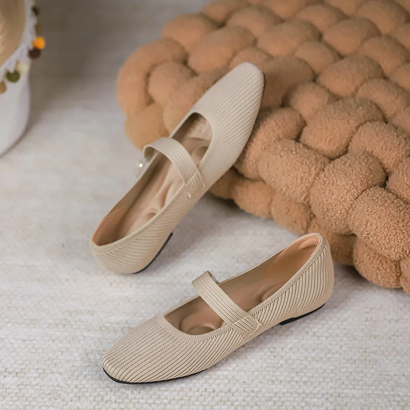 

2024 Leisure Weaving Flats Women Ankle Strap Pearl Mary Stretch Fabric Ballerina Knitting Moccasins Mesh Ballet Solid Color