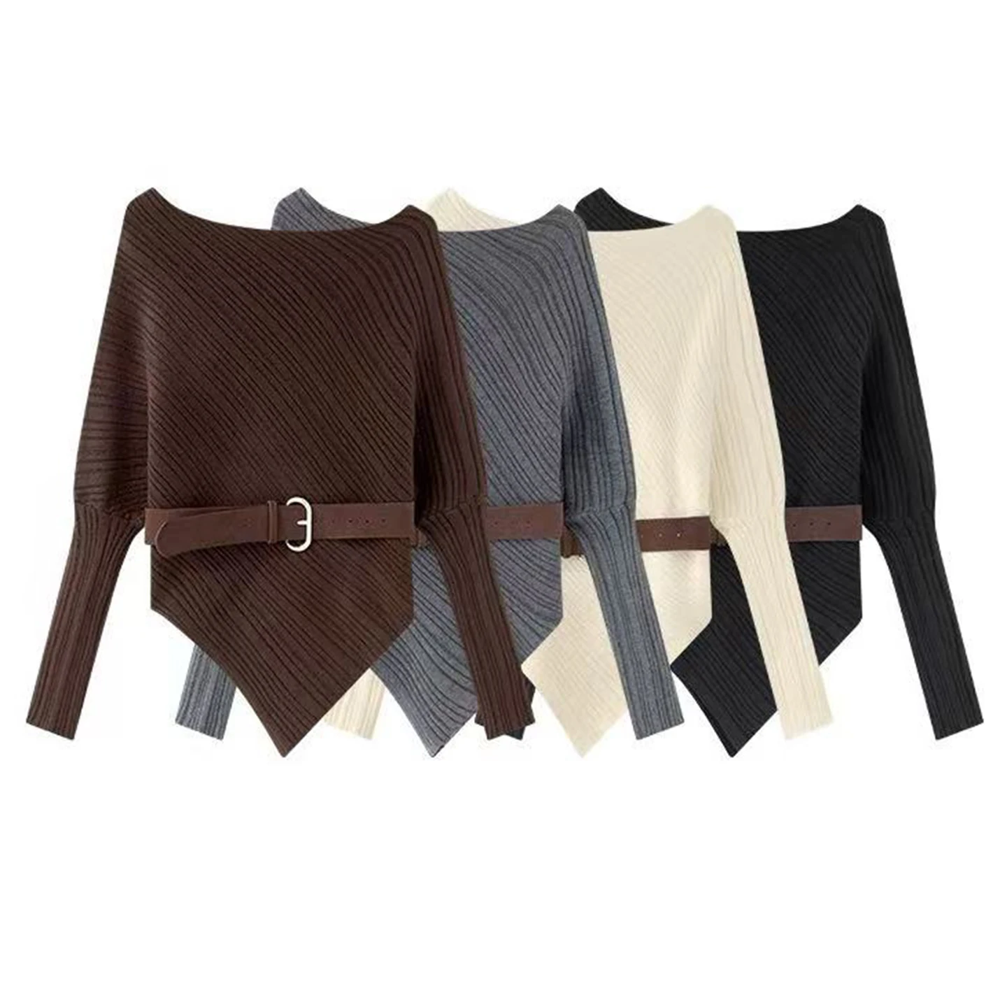 

Solid Color Women's Sweater Unique Irregular Top Autumn New French Style Sloping Shoulder Long Sleeved Belt Knitted Sweater