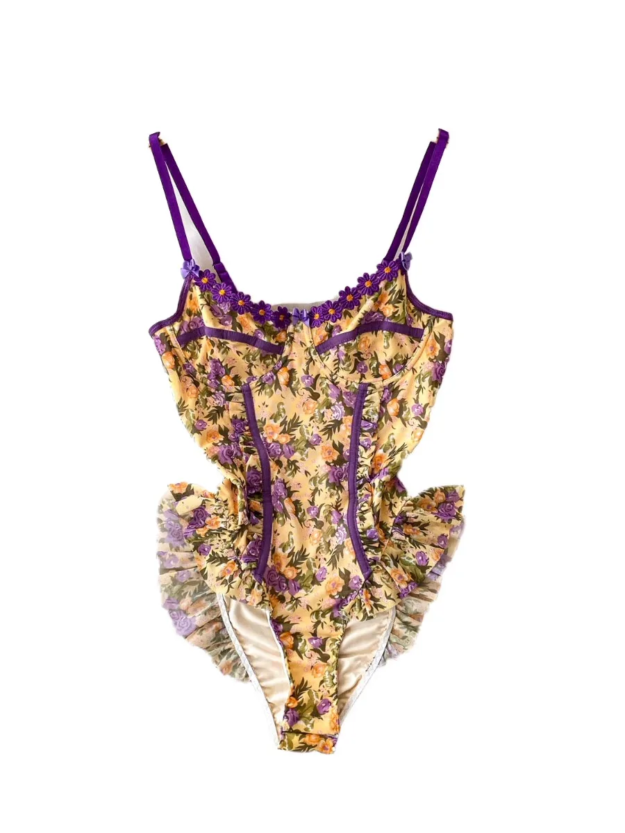 Foamlina-body de encaje Floral con cuello Halter para mujer, traje de baño ajustado con volantes a la moda de nicho europeo, traje de baño ajustado de una pieza
