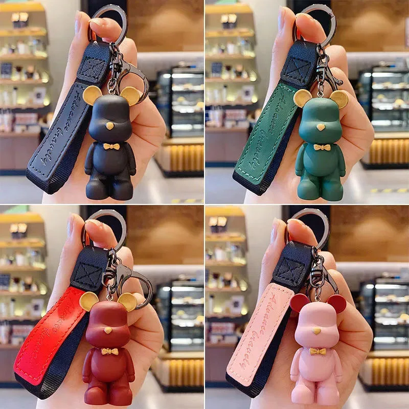 Cute Resin Keychain Charm Tie The Bear Pendant For Women Bag Car KeyRing Wristband Jewelry Accessories Kids Girl Gift