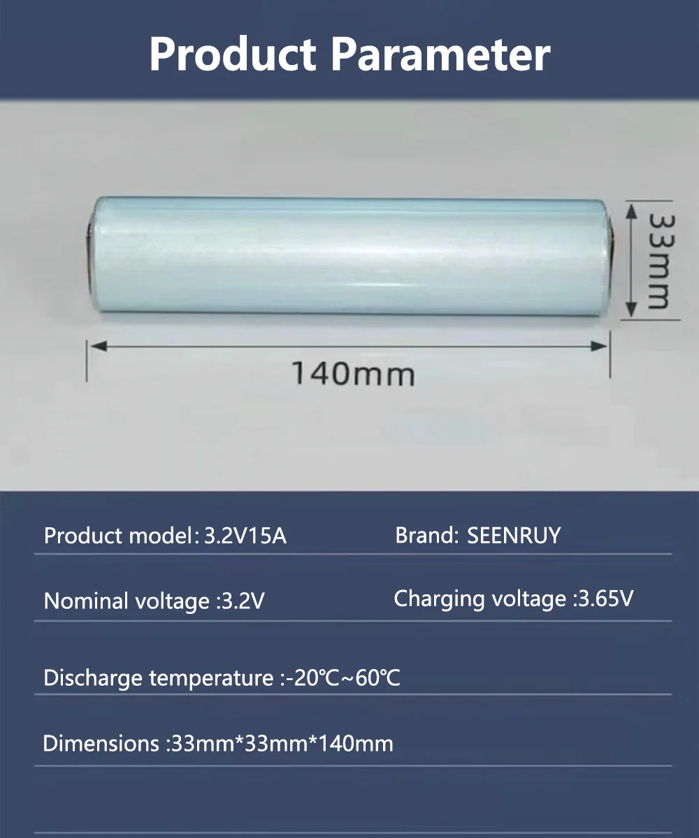 SEENRUY 33140 lifepo4 Battery 3.2V 15Ah Cylindrical cell  for 48V 12V 24V  Motorcycle Solar Energy Storage