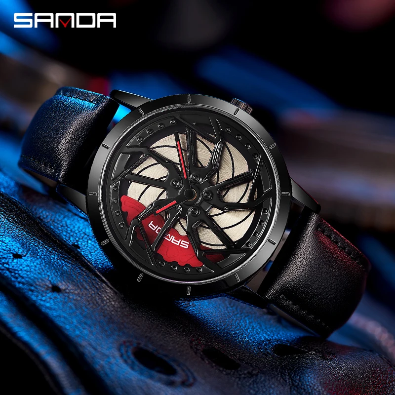 SANDA 1086 360 Degrees Rotating Wheel Dial Men\'s Quartz Watches Men Fashion Business Racing Car Rim Wristwatch Relogio Masculino