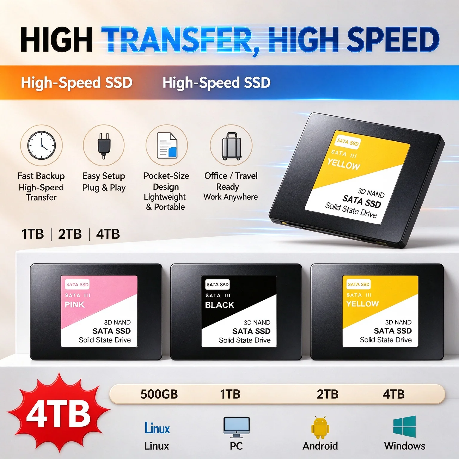 High Speed TLC NAND Solid State Drive SATA III 2.5-Inch SSD Disk 1TB 2TB Internal Storage for Laptop Desktop Computer System
