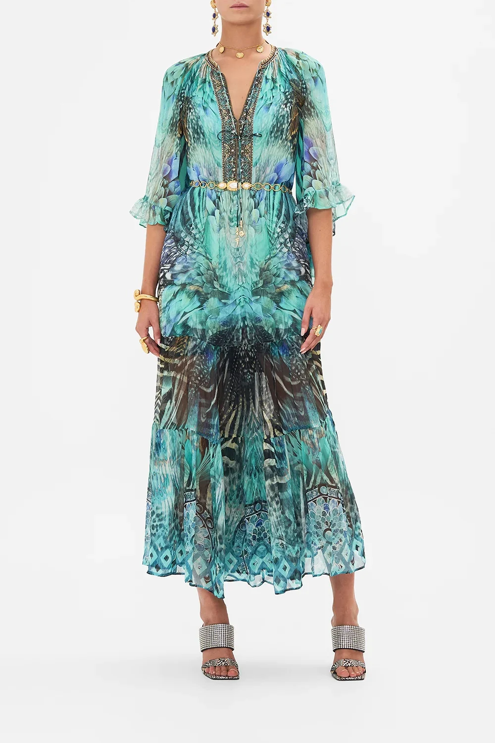 

Women Beaded V-Neck Half Sleeve Silk Peacock Print Holiday Long Dress