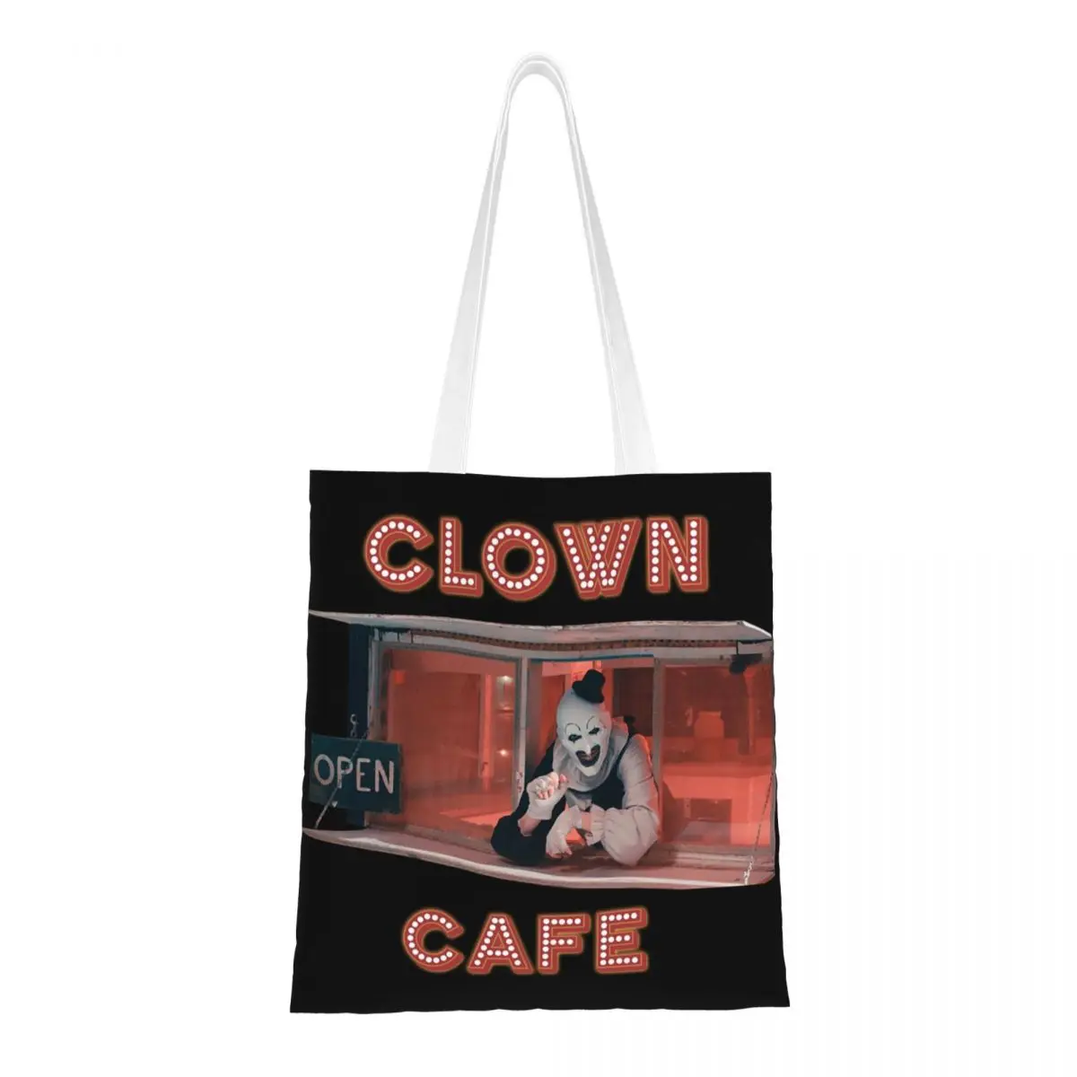 Custom Terrifier Clown Cafe Shopping Canvas Bags Women Recycling Grocery Tote Shopper Bags