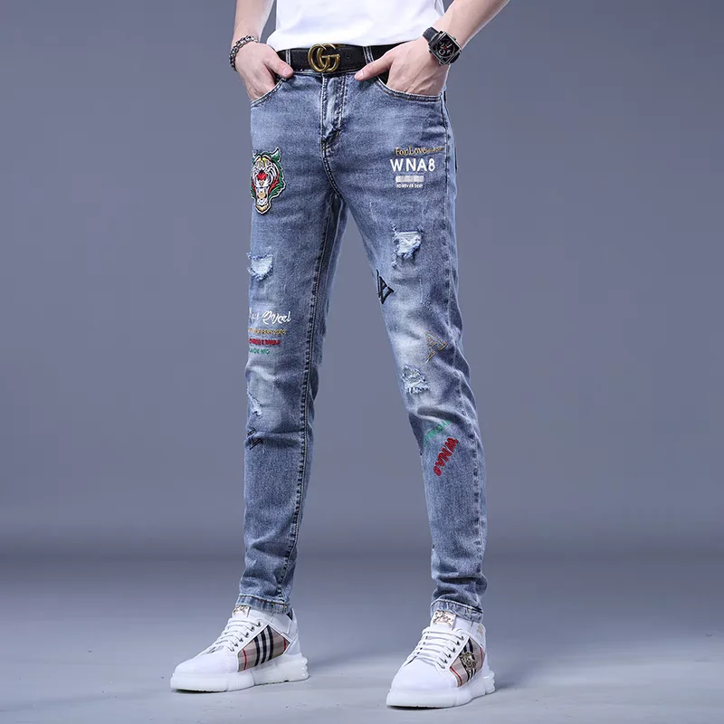 Spring and Autumn Fashion Trend Embroidered American Retro Straight Leg Elastic Jeans For Men's Casual Sports High-Quality Jeans