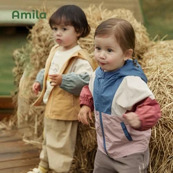 Amila Baby Jacket 2023 Spring New Fashion Patchwork Casual Hooded Outwear Infant Toddler Girls Boys Cute Brand Children Clothes