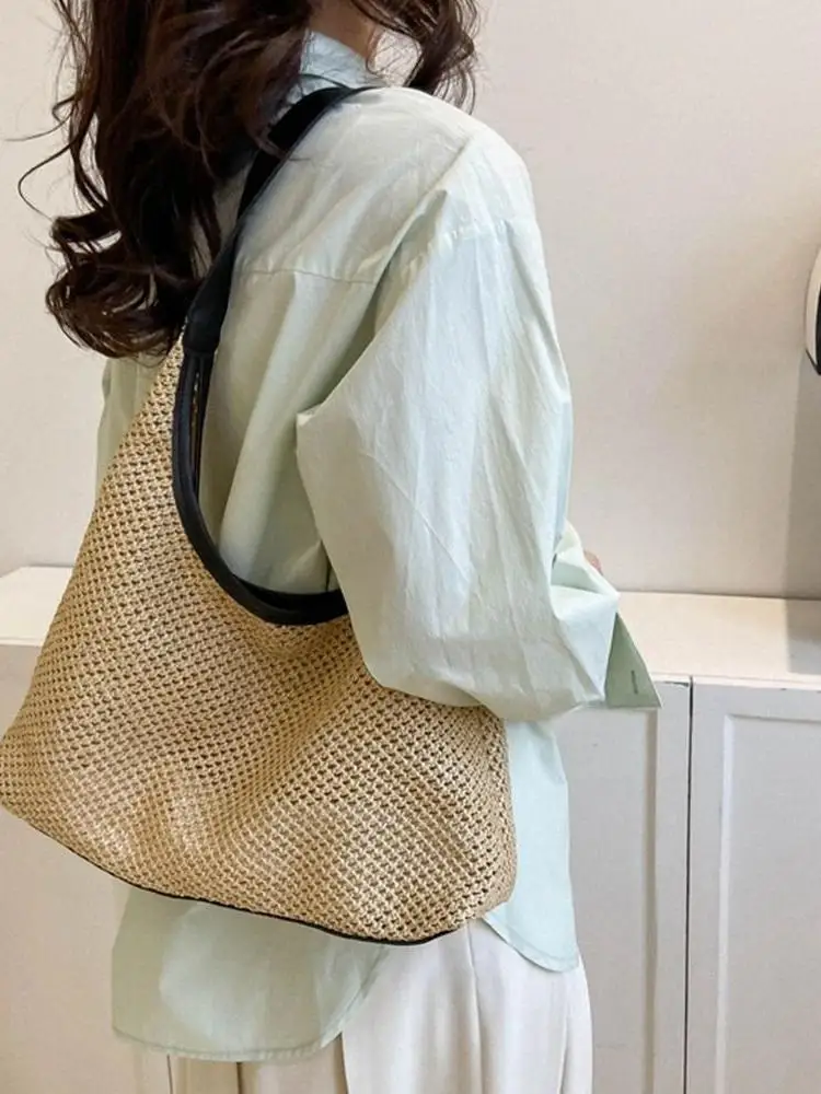 Simple Solid Color Weave Straw Bag Handmade Bohemian Style Beach Handbag Tote Bag Bucket Bag Shoulder Bag Travel