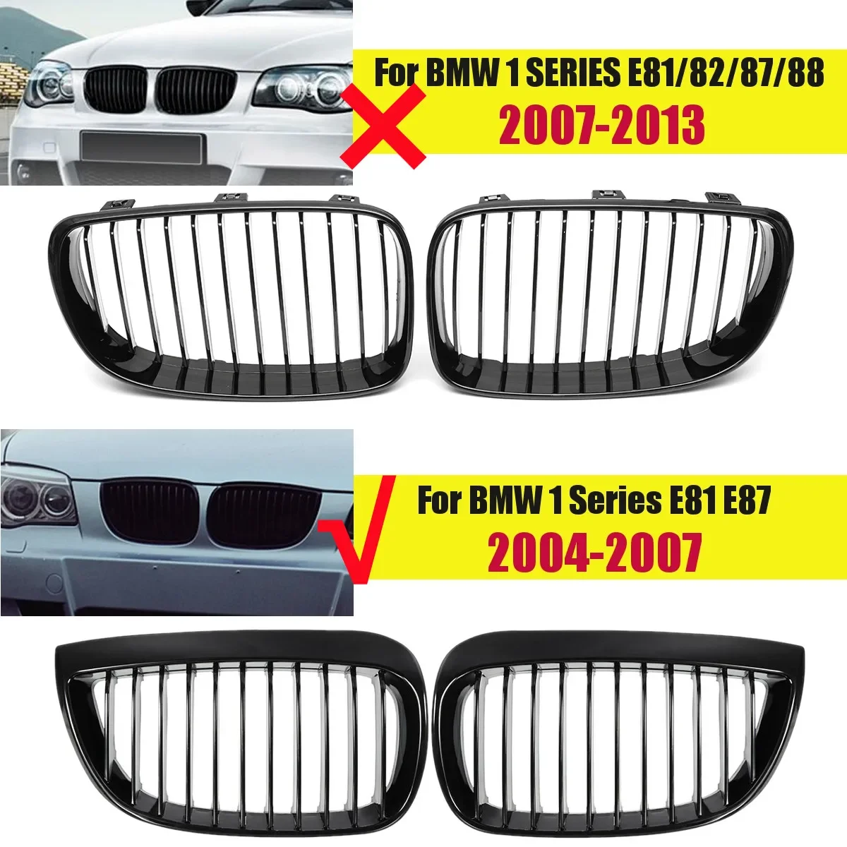 GlossyBlack Car Front Kidney Grill para BMW, Double Slat, Série 1, E81, E87, Pré-Facelift, 5 portas, 2004, 2005, 2006, 2007