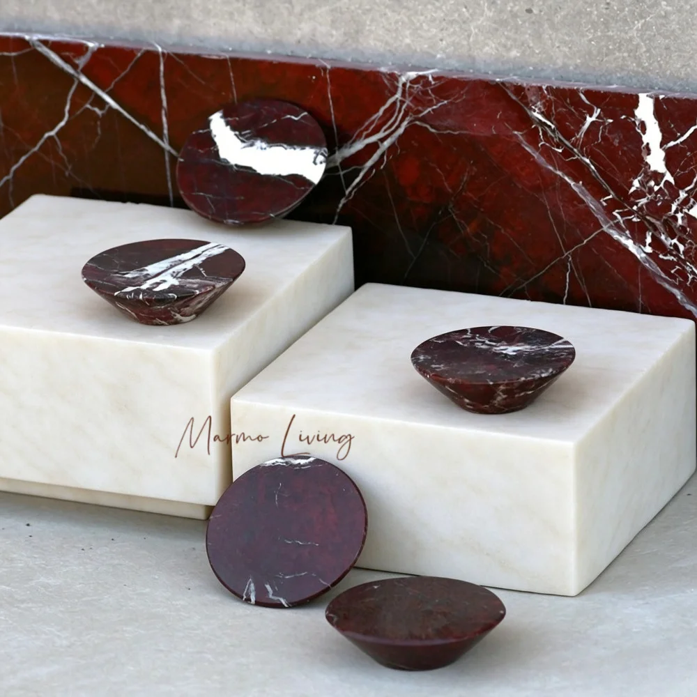 Nordic Luxury Rosso Stone Knob Natural Marble Handles Wardrobe Door Knobs Furniture Drawer Pulls