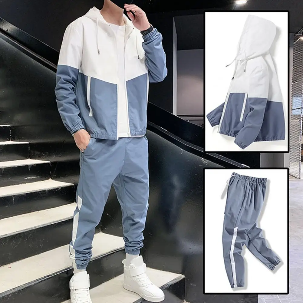 2Pcs/Set Men Spring Autumn Sport Outfit Hooded Drawstring Long Sleeve Zipper Packet Coat Elastic Waist Pockets Sweatpants Set