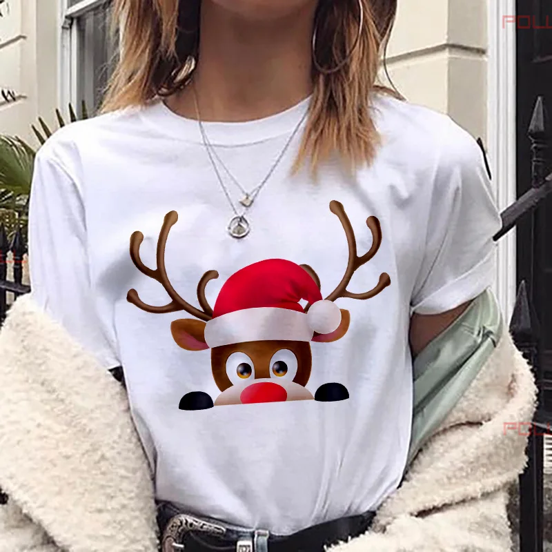 

Christmas T-shirt Santa Lady Short Sleeve T-shirt Cartoon Antler Print Street Trend Casual Tops Graphic T Shirts Aesthetic