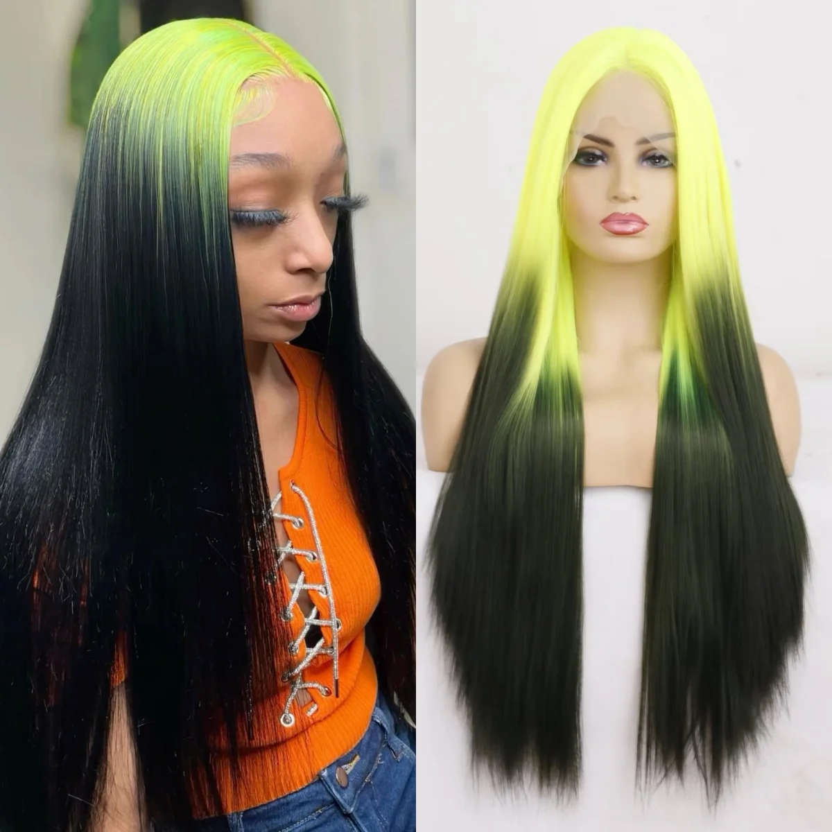 RDY Fluorescent Neon Green Ombre Wig Straight Synthetic Lace Front Wig Glueless Highlight Colored Hair Frontal Wigs for Women