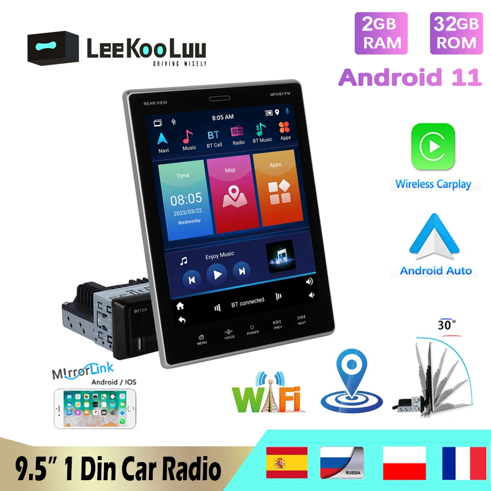 LeeKooLuu Car Radio GPS Stereo 1 Din Android Auto Carplay Universal 1Din 9.5