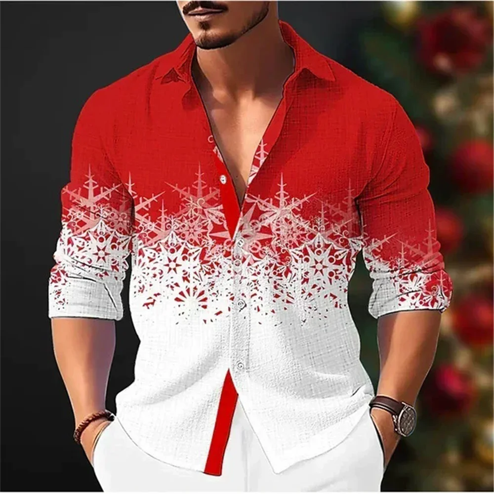 Fashion Christmas Style Snowflake Pattern Men Shirts Autumn Winter Long Sleeve 3d Print Street Blouse 4XL Plus Size Casual Shirt