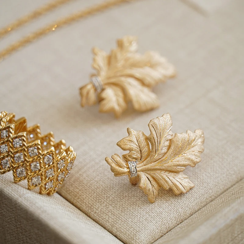 Aazuo Real Vintage Jewelry 18K Solid Yellow Gold Real Diamonds Fairy Leaf Clip Earrings Women's Engagement Party Jewelry Gift view 3