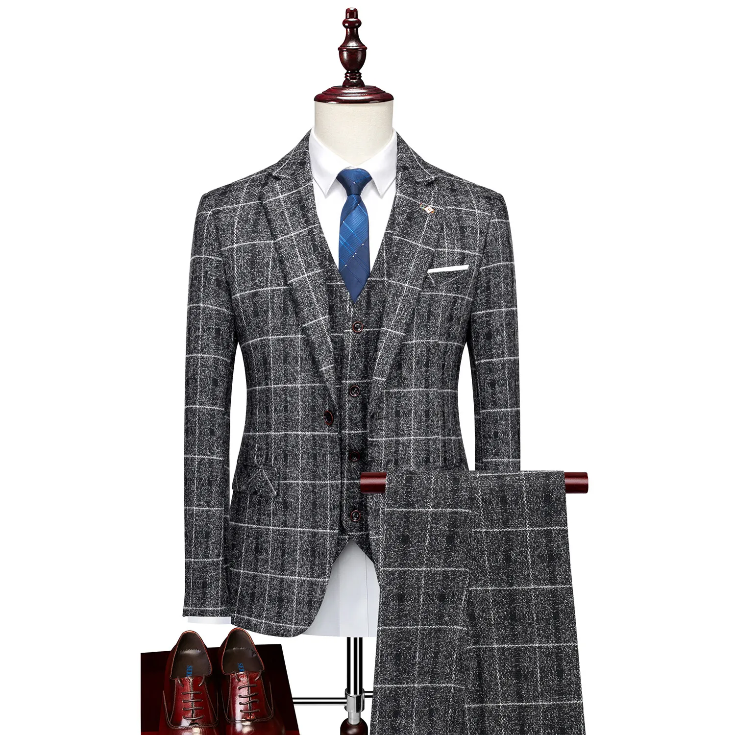 

High-quality plaid men's casual (suit + vest + trousers) slim-fit fashion Korean version wedding small suit jacket three-piece s