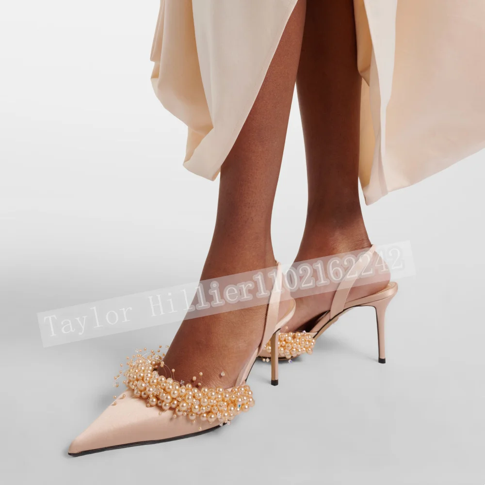 

Women Champagne Satin Pointed Toe Slingback Pumps Cluster Pearl Beaded Stiletto High Heels Wedding Evening Formal Dress Sandals