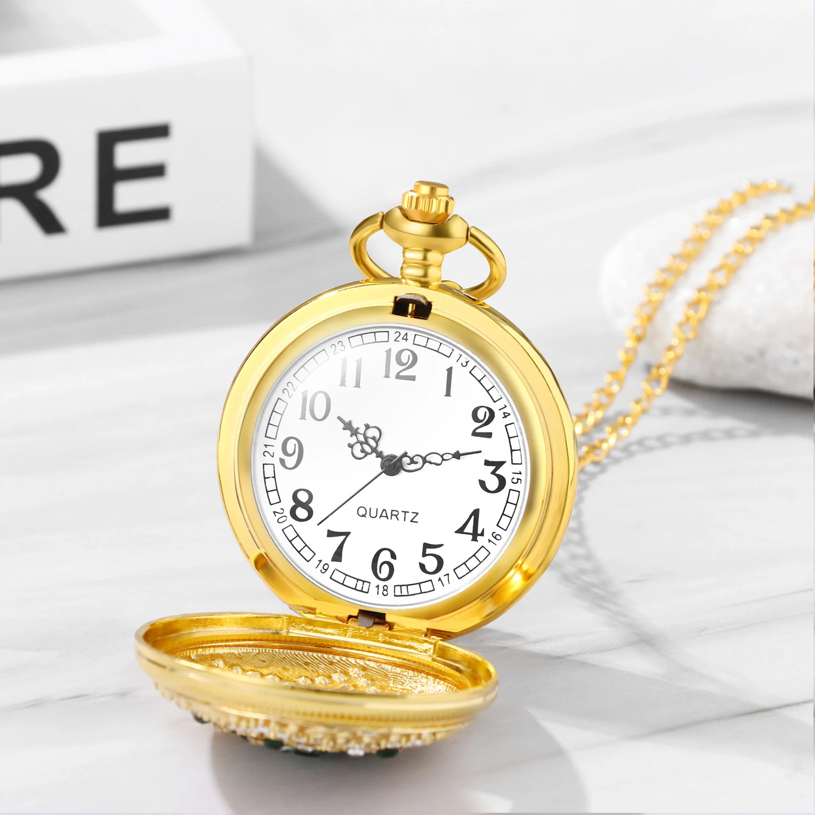 LANCARDO Quartz Full of Diamond Petals Decorated Pocket Watch Arabic Numerals Graduated Necklace Pocket Watch Casual Fashion