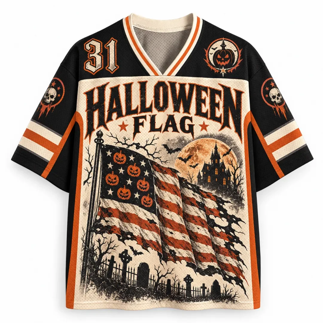 Halloween Mesh Jersey Pumpkin American Flag Cemetery Castle V-neck Short Sleeved Streetwear