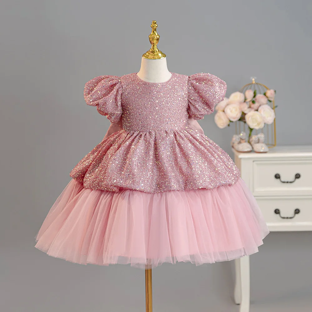 Girls' Party Dress Sequined Kids Girl Princess Clothes Big Bow Layered Child Dresses 3-10 Years