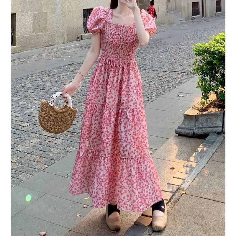 Women Vintage Fashion Ruffle Floral Print Square Neck Elegant Dresses Summer Sweet Chic Short Sleeve Slim Fairy Beach Maxi Dress